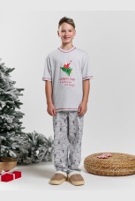 Новогодняя пижама для мальчика family look Праздник-2 серый