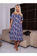 Халат женский синий с цветами на пуговицах