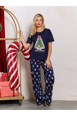 Женская новогодняя пижама family look Коляда-3 темно-синий