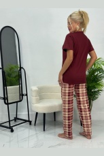 Женская пижама бордовая, брюки в клетку