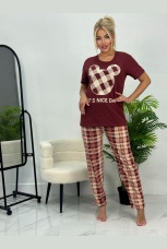 Женская пижама бордовая, брюки в клетку
